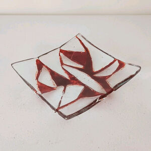 Vintage Red Clear Fuses Glass Trinket Dish Square Geometric 5x5